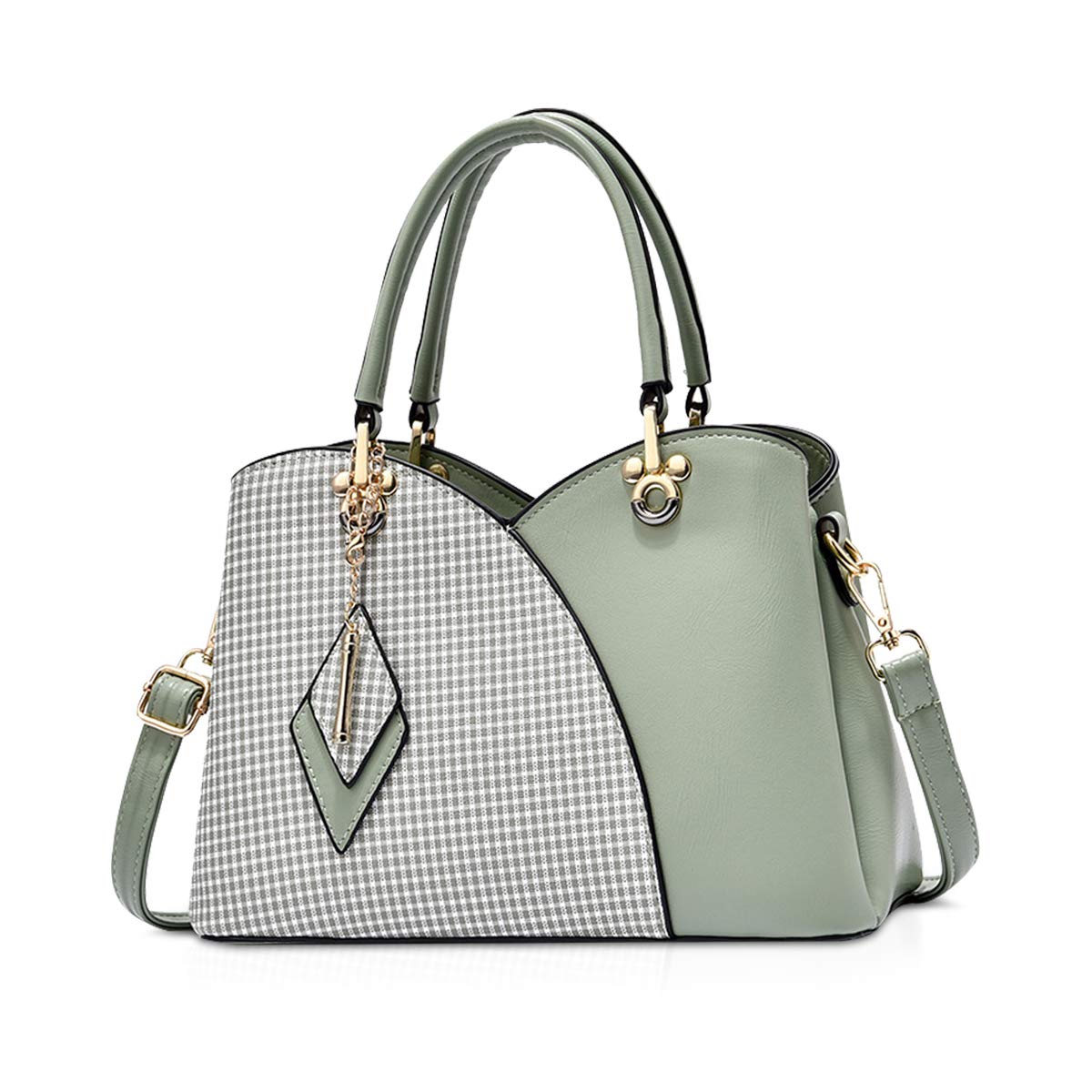 NICOLE & DORIS Elegant Women's Handbag with Multiple Pockets, Shoulder Bags Made of PU Leather, Handbag, Checked Shoulder Bag with Pendant, Green, L, casual