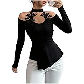 Floerns Women's Floral Lace Embroidered Cold Shoulder Elegant Tops Long Sleeve Dressy Casual Peplum Shirts