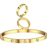 KARCCI 18K Gold Plated Jewelry Set for Women Men, Love Friendship Stainless Steel Bracelet with Rings Hinged Cubic Zirconia Oval Bangle, Best Gift for Mother's Day Birthday Wedding Couples