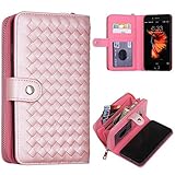 PASONOMI iPhone 8 Case, iPhone 7 Zipper Wallet Case, PU Leather Protective Shell Detachable Folio Flip Holster Carrying Case with Strap and Card Holder for iPhone 8 (2017) / iPhone 7(Woven Rose Gold)