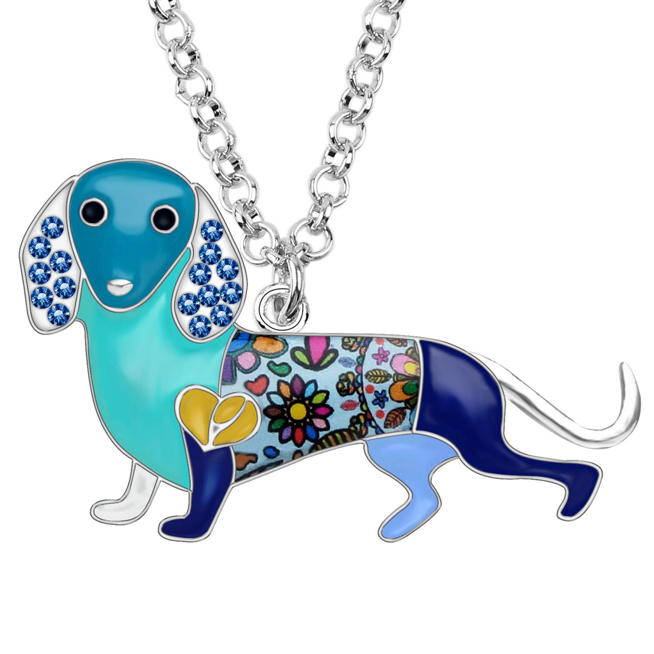 NEWEI Enamel Cute Dachshund Dog Necklace Pendant Rhinestones Ears Dachshund Dog Necklace Jewelry (Blue)