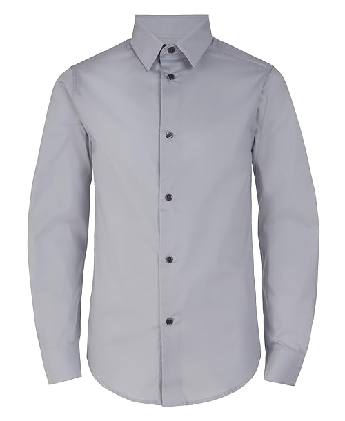 Calvin Klein Boys' Long Sleeve Slim Fit Dress Shirt, Button-Down Style with Buttoned Cuffs & Shirttail Hem, Silver Metal, 12 Husky