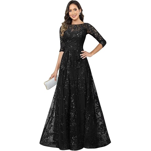 Amazon.com: Ever-Pretty Women's Sequin Chiffon Formal Evening Dresses A  Line Half Sleeves Mother of the Bride Dress Black US4 : Clothing, Shoes &  Jewelry