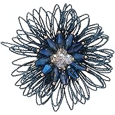 Dainty Mesh Flower Brooch Pin for Women Girls Fashion Fabric Leaf Crystal Acrylic Ball Bead Pistil 3D Floral Brooches Lapel Pins Elegant Dress Accessories Wedding Event Holiday Festival Jewelry Gift (Blue Daisy)