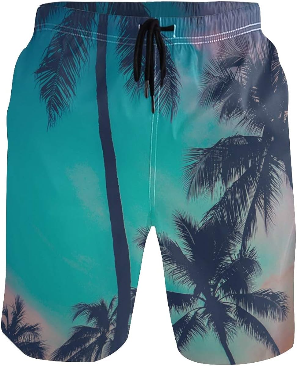 Men's Swim Trunks Quick Dry Vintage Retro Hawaii Palm Trees at Sunset