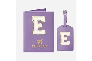 JOYRNALK Passport Holder for Travel Women Initial E Passport Cover Passport Wallet Passport Case Travel Essentials Leather Passport Holder and Luggage Tags Set With Chenille Letter Patch for Travel Purple E