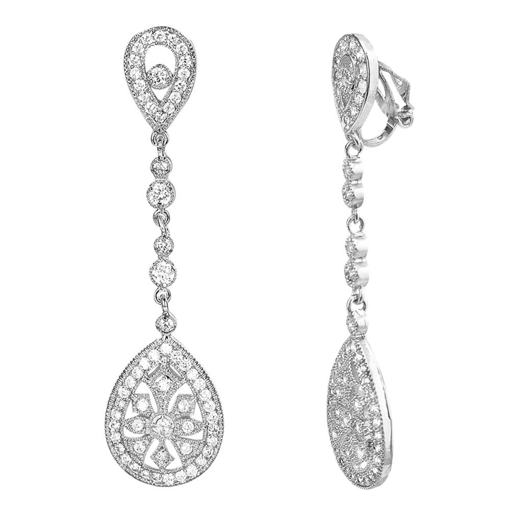 HAISWET Bridal Art Deco Pave Cubic Zirconia Chandelier Dangle Clip On Earrings Silver Tone
