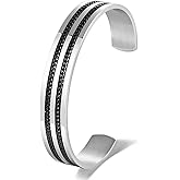 BIYONGDE Men's Stainless Steel Cuff Bracelet with Black Chain Inlay, Silver Sleek Open Bangle, Urban and Minimalist Style