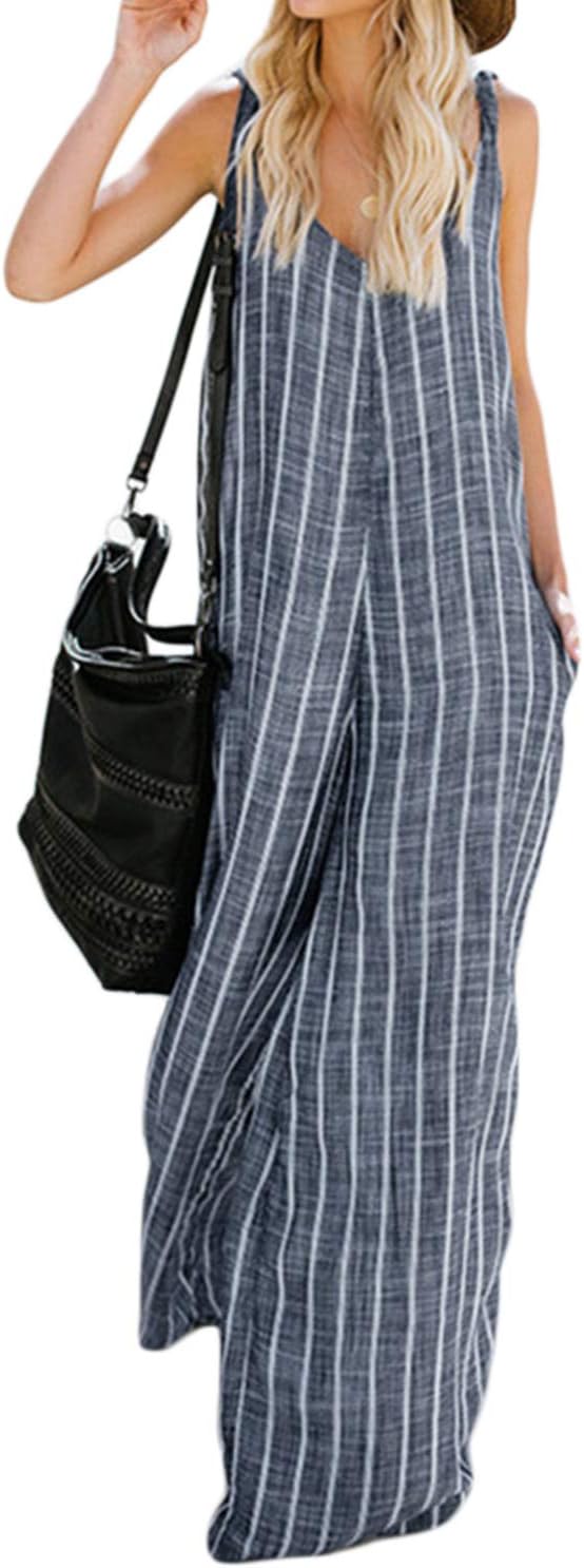 Women Jumpsuits Summer Wide Leg Palazzo Stripes Linen Dungarees Overalls