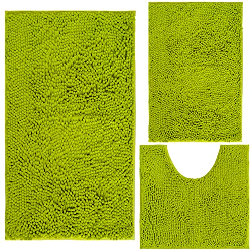 Bathroom Rugs Chenille 3-Piece Extra Soft and Absorbent Shag Bathroom Rugs, Machine Wash Mat, Strong PVC Non-Slip Underside, Plush Carpet Mats (Green)