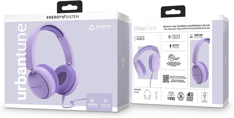 - Auriculares de Diadema (Plástico 100% Reciclado, Cable extraíble, Micrófono, Asistente de Voz) - Blanco (Lavender)