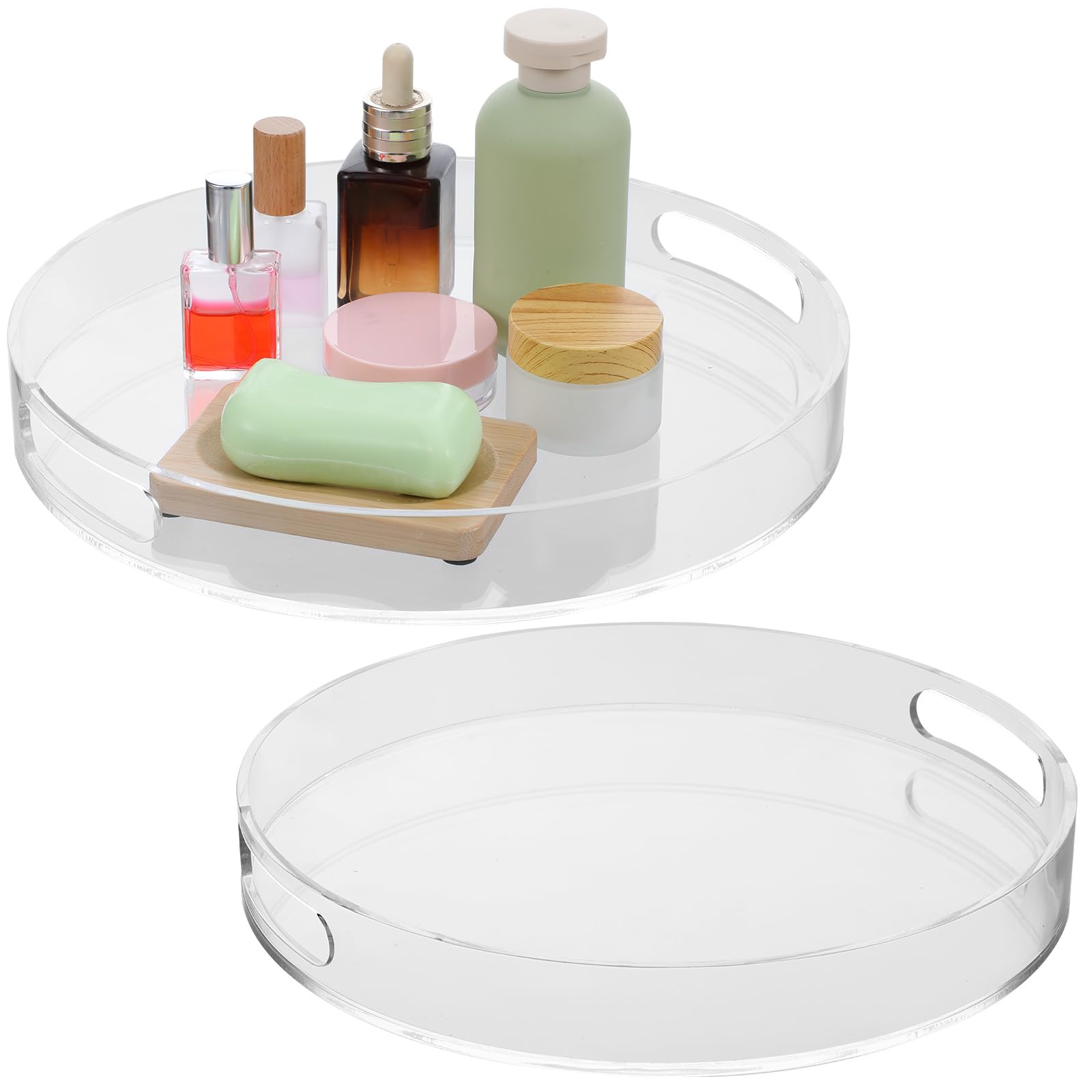 Photo 1 of 2 Pcs Acrylic Round Tray with Handles Sturdy Clear Round Serving Decorative Circle Tray for Kitchen Bathroom Vanity Coffee Table Ottoman Food Tea Snacks (11.8 Inch)