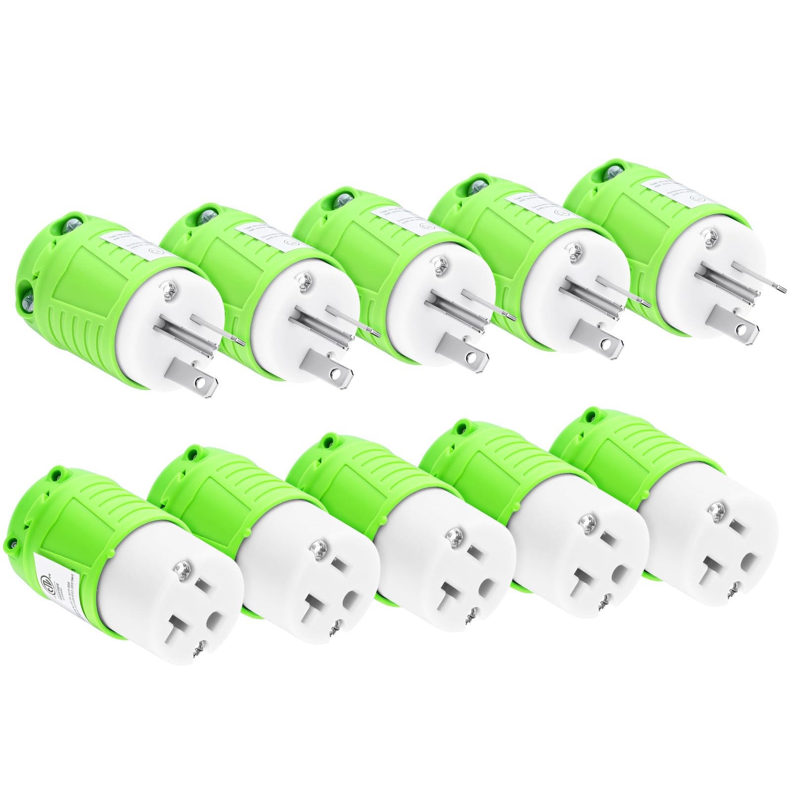Photo 1 of Xuhal 5 Sets 5-20 Extension Cord Ends 20 Amp 125 Volt Electrical Replacement Plug and Connector, 2 Pole, 3 Wire Grounding, Industrial Grade, Straight Blade, ETL Listed (Green)