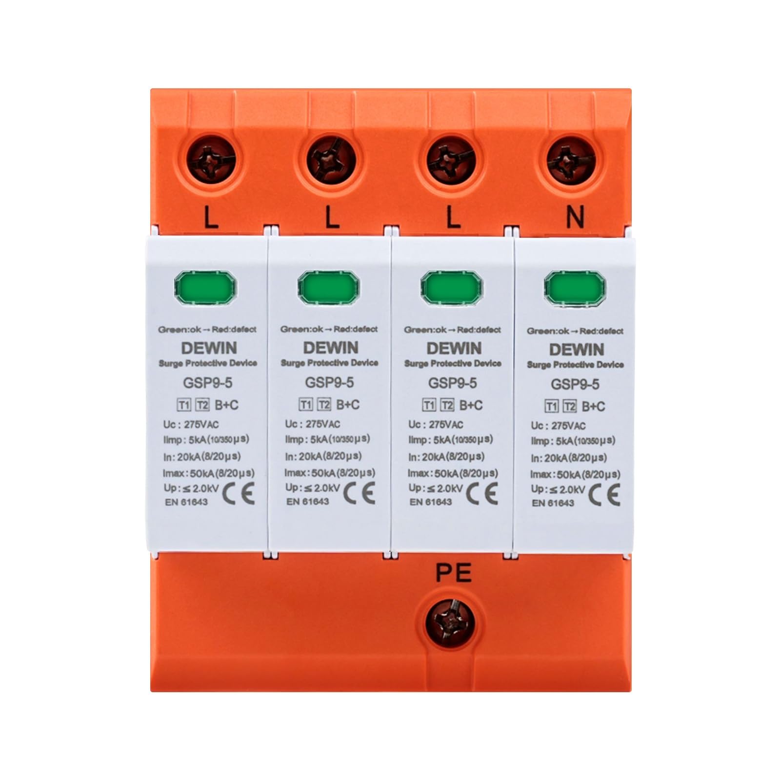 DEWIN Überspannungsschutz Hutschiene GSP9-5 Surge Proctor SPD Ableiter T1+T2(B+C) 4P AC 275V 5KA DIN-Schiene Überspannungsschutzgerät 2