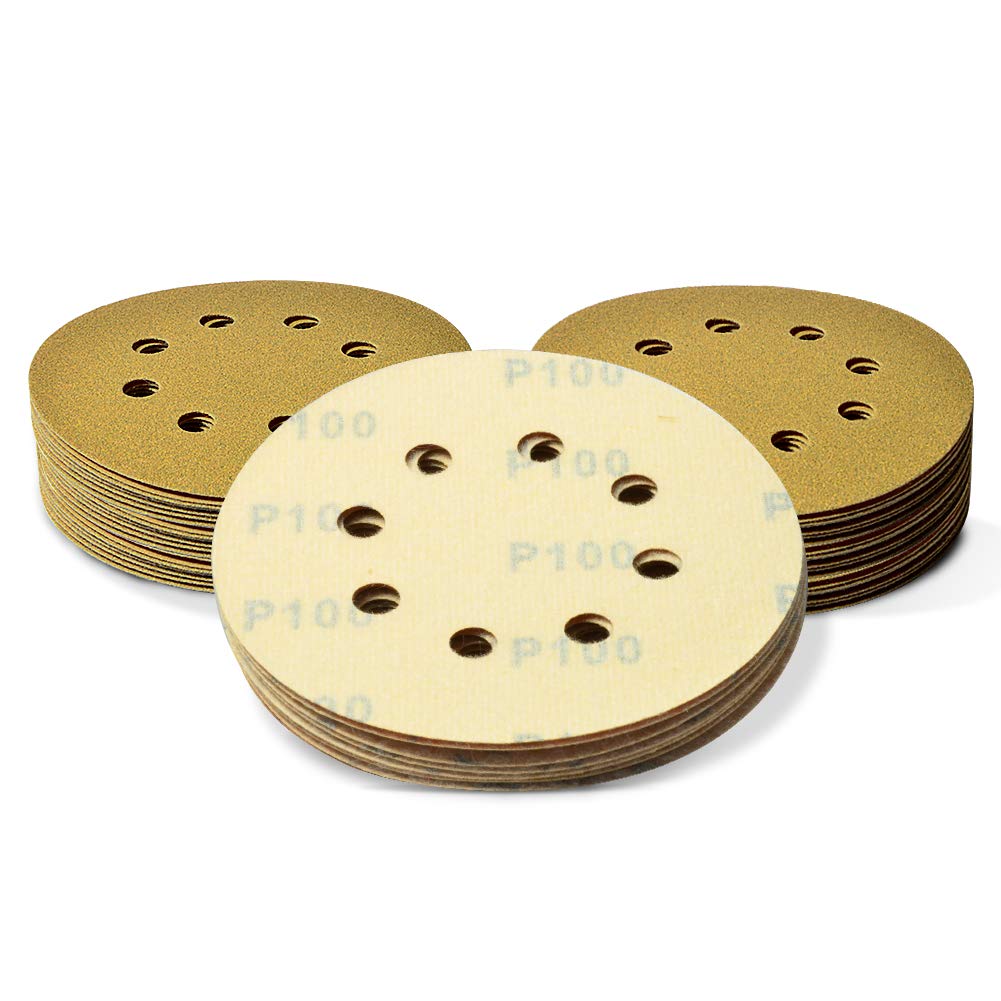 SPEEDWOX 50 Pcs 5 Inches 8 Hole Sanding Discs 100 Grit Dustless Hook and Loop Sandpaper for Random Orbital Sander Yellow Finishing Discs for Automotive Woodworking