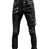 Maiyifu-GJ Men's Distressed Moto Biker Jeans Ripped Punk Gothic Zipper Denim Pants Hip hop Tapered Leg Slim Fit Jean
