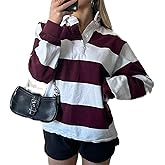UAURORAO Women Striped Rugby Shirt Long Sleeve Polo Shirts Collared Sweatshirt Teens Girls Preppy Pullover Sweaters
