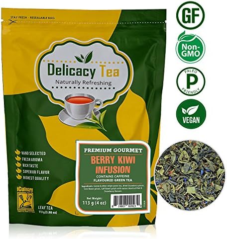 Delicious Premium Grade All Natural Loose Leaf “Berry Kiwi Infusion” Green Tea Blended with Kiwi, Strawberry and Safflower Petals, Makes 50 Cups of Delicious Tea from iCulinary, 4oz