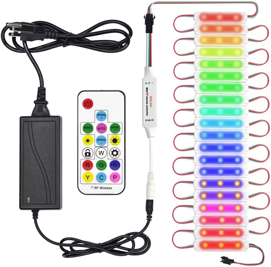 SuperLightingLED Dream Color LED Module Kit Waterproof IP67 DC12V 5050 LED Pixel String 20 pcs with 24 Keys Remote + IR Controller + 12v Power supply