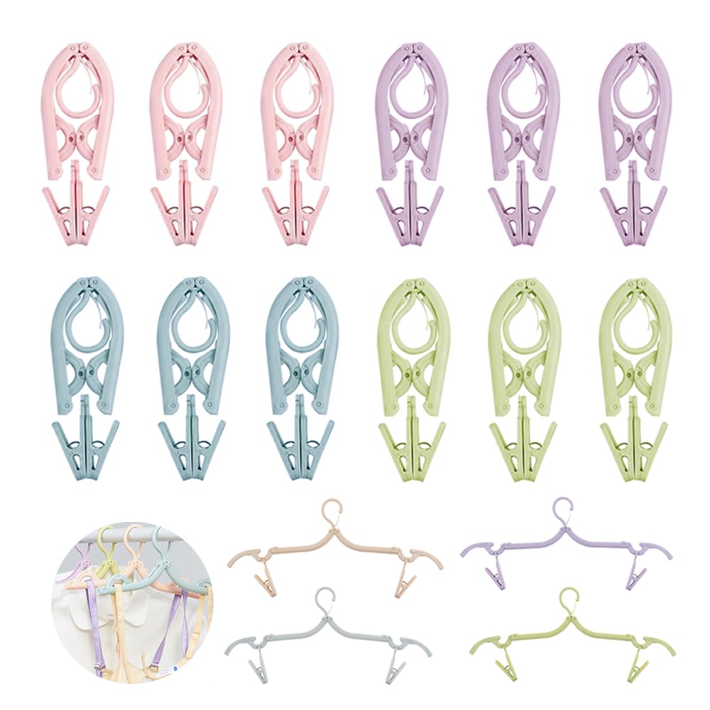 Travel Hangers, 12 Pcs Folding Clothes Hangers With Clips, Portable Clothes Hangers Foldable for Family Business Trip Hotel School Camping Travel Hiking Blue Green Pink Purple