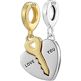 Bolenvi 2pc Love You Heart Key Matching Couples BFF Charm Bead, 925 Sterling Silver Charms Compatible With Pandora & Similar Charm Bracelets or Necklaces, Ideal for Jewelry Making
