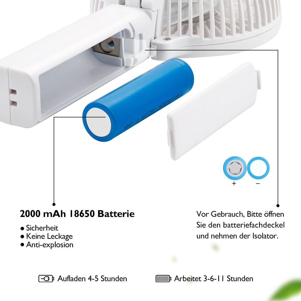 iEGrow Handheld Fan, Portable USB Mini Travel Fan with 2000mAh Rechargeable Battery, 3 Speeds Desk Fan for Home Office and Travel-White - Image 3