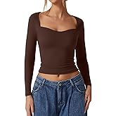 QINSEN Womens Slimming Fit Sweetheart Neck Long Sleeve Basic Crop Tops Stretch Going Out Tee Shirt