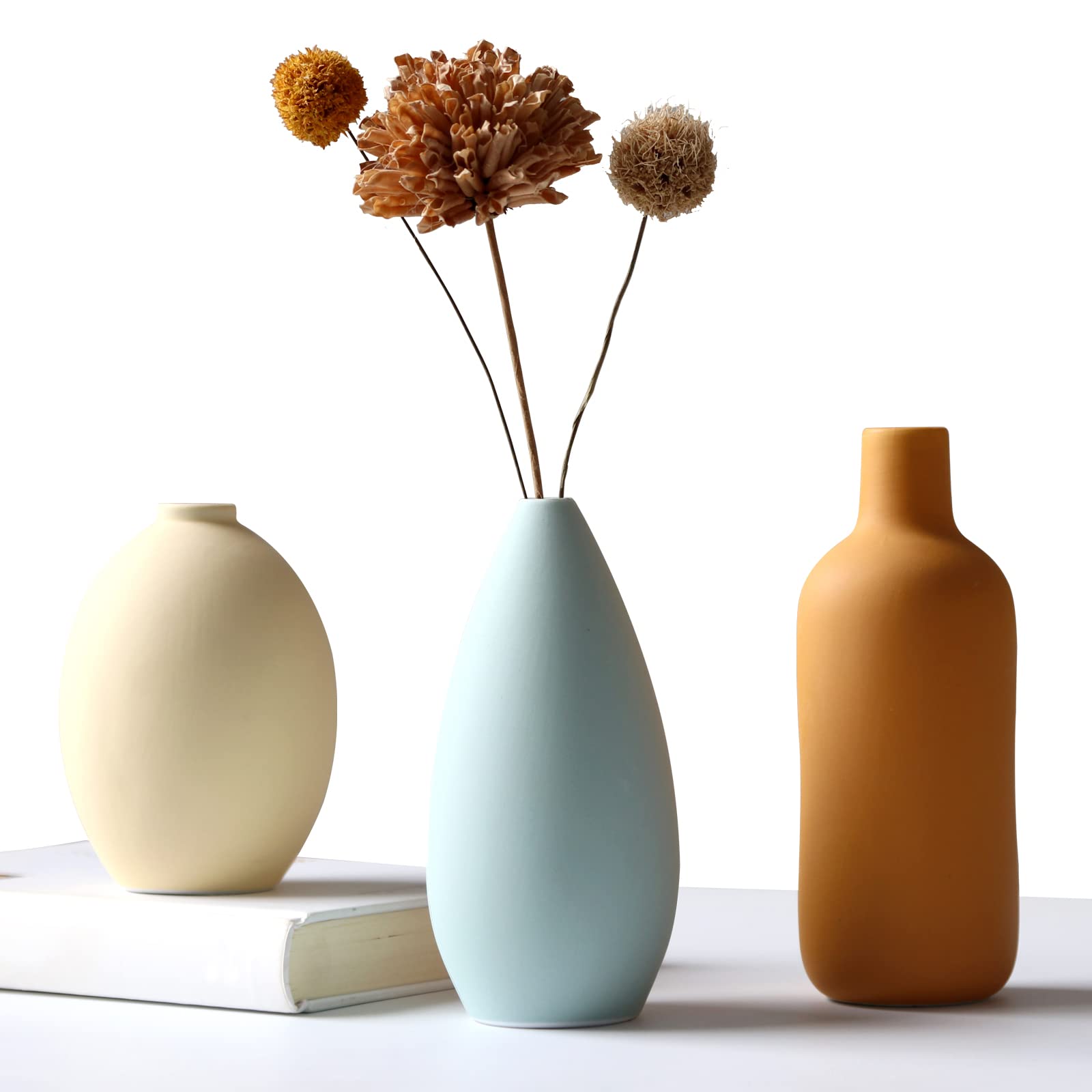 Abbittar Ceramic Vase Set of 3, Minimalist Oval Vases in Light Yellow, Dark Blue, Multicolor for Home Decor