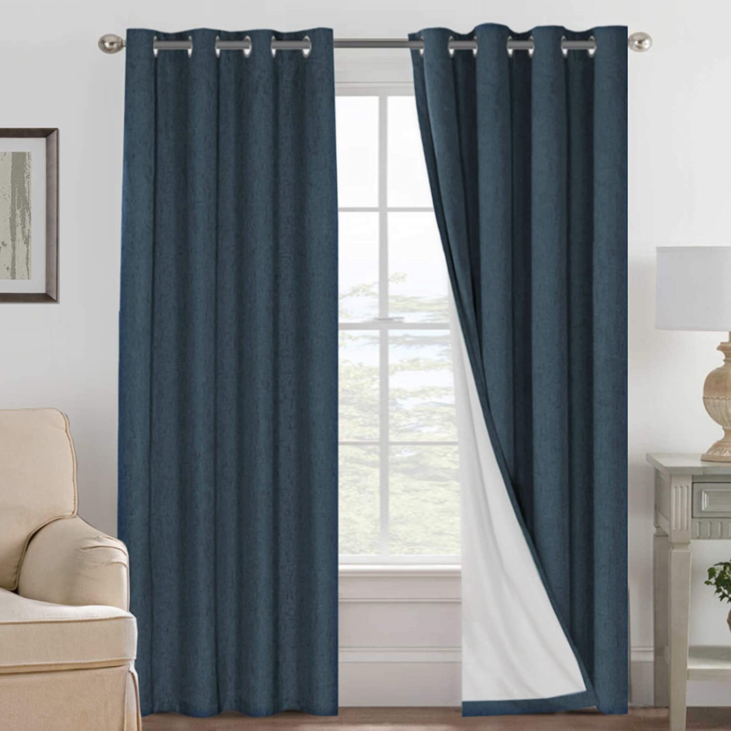 Photo 1 of H.VERSAILTEX Linen Blackout Curtains 108 Inches Long 100% Absolutely Blackout Thermal Insulated Textured Linen Look Curtain Draperies Anti-Rust Grommet, Energy Saving with White Liner, 2 Panels, Navy