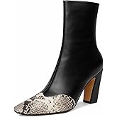 Vertundy Women's Ankle Boots Square Toe Booties High Block Chunky Heel Snakeskin Patchwork Leather Chelsea Boots