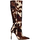 DOEYG Brown Cow Print Knee High Boots for Women Animal Pointed Toe Heeled Stiletto Boots Dressy Fashion Tall Boot with Side Zipper Size 10
