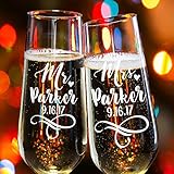 Lily's Atelier Set of 2, Hand Engraved Mr. Mrs. Last Name & Date Custom Wedding Toast Champagne Flute Set, Wedding Toasting Glasses - Etched Flutes for Bride & Groom Customized Wedding Gift #EH3