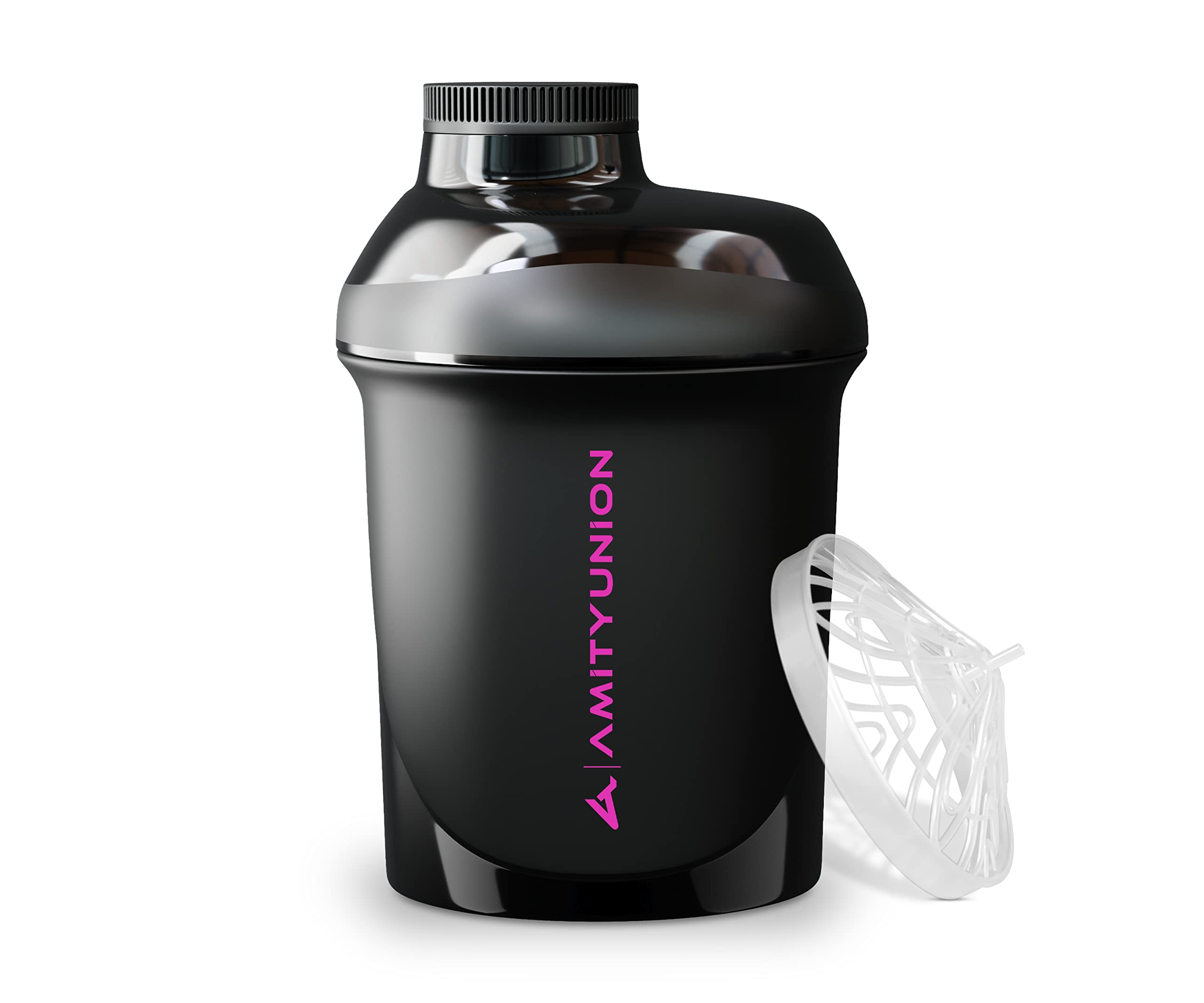 Original Amityunion small protein shaker 400 ml black purple deluxe, leak-proof, for protein drinks protein shakes and diet, with screw cap strainer, BPA-free, made in Europe