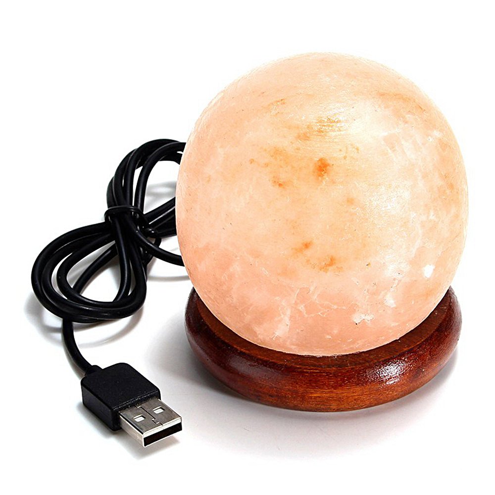 Niubity Himalayan Pink Natural Salt Lamp,USB Wooden Base Himalayan Crystal Rock Salt Lamp Air Purifier Night Light (Ball)