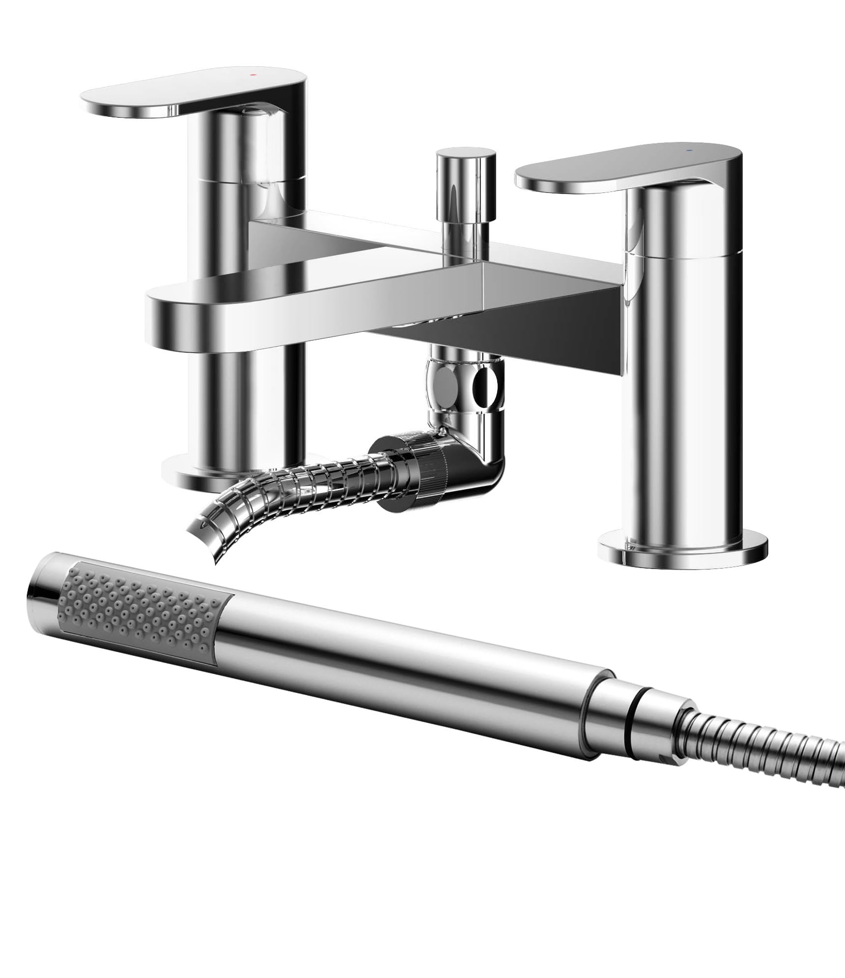nuie BIN304 Binsey | Modern Bathroom Round Deck Mounted Bath Filler Tap with Lever Handles and Shower Kit, 120mm, Chrome