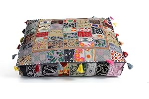 CRAFT KALA Indian Square Patchwork Traditional Pouf Cover Indian Living Room Poufs Decorative Embroidered Designer Ottoman Home Living Footstool Chair Cover Decor Pillow Cover 35 inches, Grey