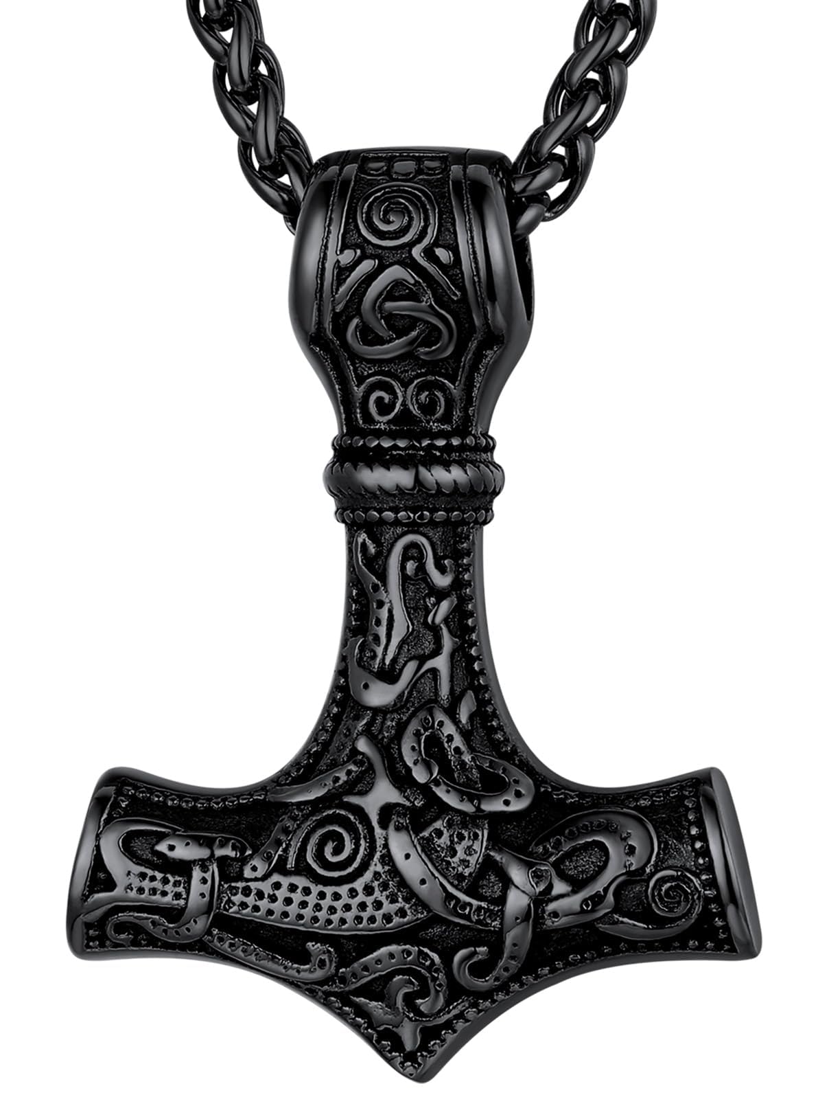FaithHeart Mens Viking Jewellery Vintage Black Hammer Necklaces Stainless Steel Viking Mjolnir Pendant Vikings Accessories Norse Amulet Gifts for Man