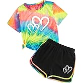 SweatyRocks Girl's 2 Piece Outfit Tie Dye Graphic Print Short Sleeve Tee Top and Track Shorts Set