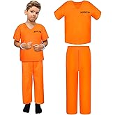 Poen Kids Prisoner Costume Halloween Set Orange Prisoner Jumpsuit with Handcuffs and ID Card for Boys Girls Children Cosplay