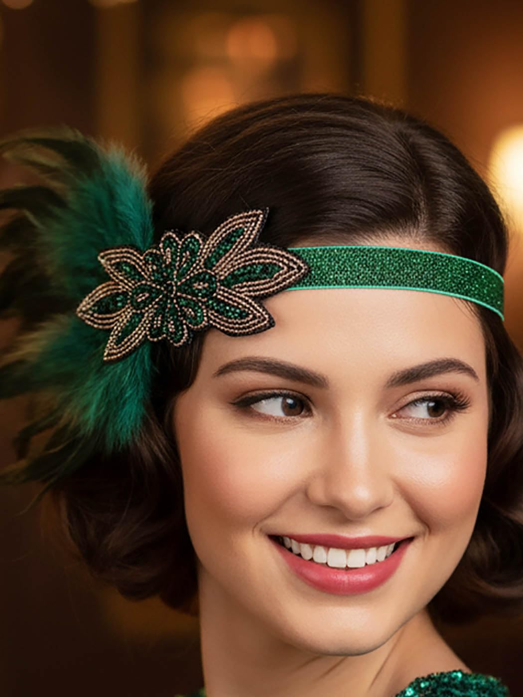 IYOU Crystal Feather Gatsby Headpiece Green Rhinestone Flapper Hair Pieces Vintage Party Costume Headband Hair Accessories for Women
