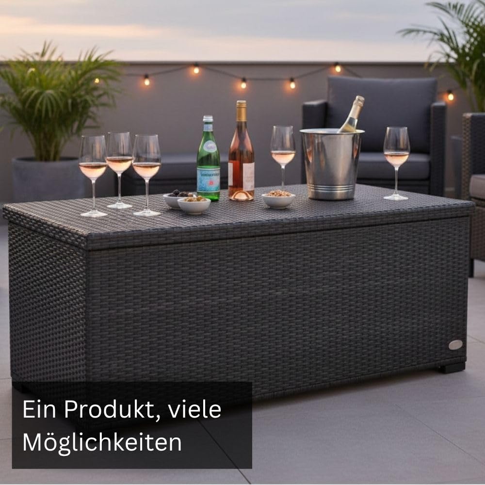 RS Trade Auflagenbox wasserdicht, Gartenbox, Aufbewahrungsbox Garten, Kissenbox Outdoor, Gartentruhe, große Gartenkiste für Polster, wetterfeste Garten-Aufbewahrung, Polyrattan, 650l, silber 5