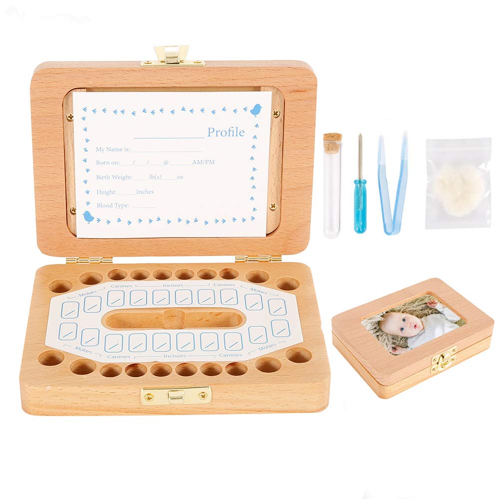 Keyohome Wooden Tooth Fairy Box with Photo Frame, Save Organizer for Baby Teeth, Keepsake Storage with Tweezers & Screwdriver - Kids Memory Gift