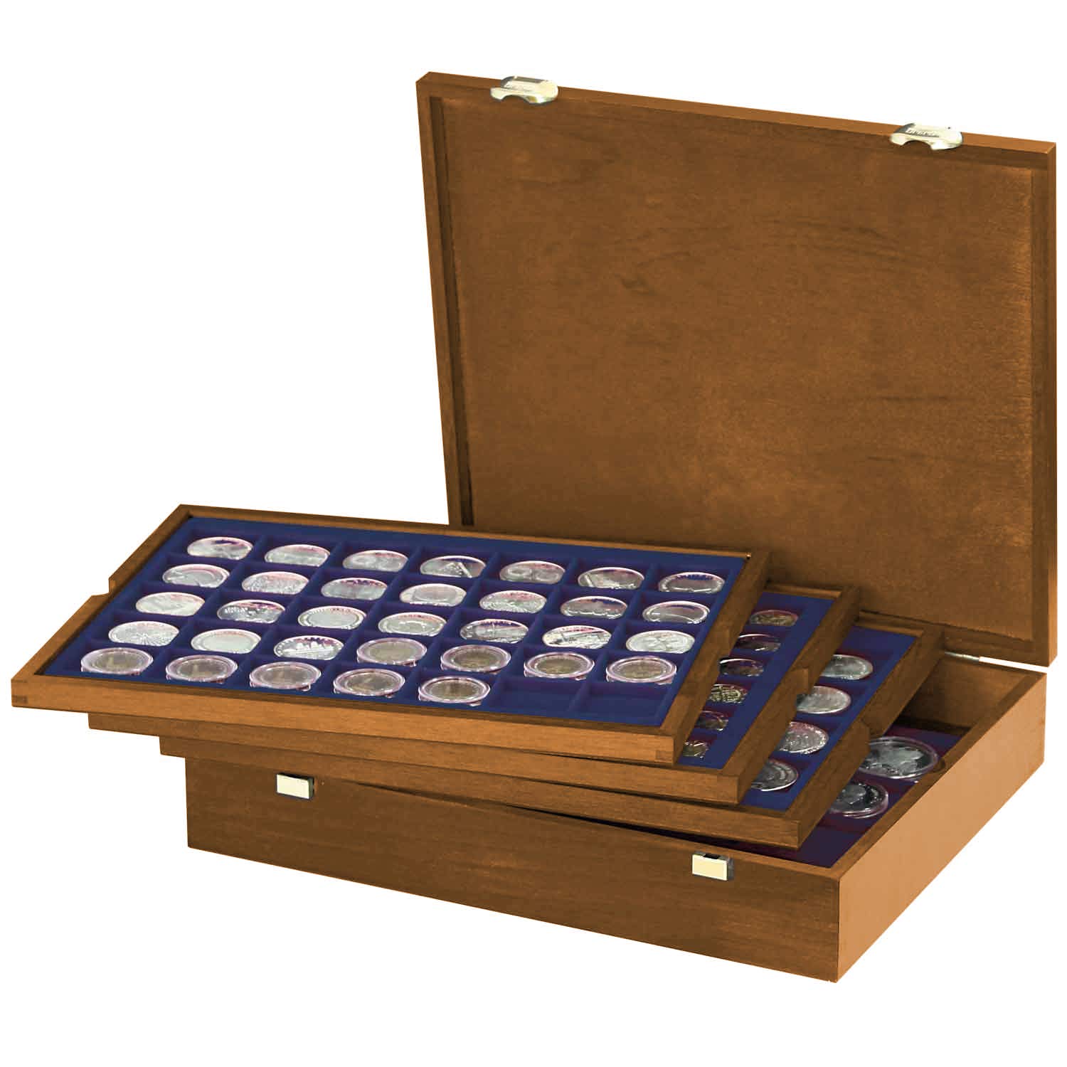 LINDNER Das Original Real Wood Coin Box with 4 Blue Trays for 127 Coins of Different Diameters