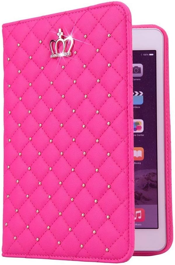 Casa iPad 9.7 2018/2017 Case for Girls,Crown Design Bling Diamond Cute Elegant PU Leather Smart Auto Sleep/Wake Stand Shockproof Case for Apple iPad 9.7 5th / 6th Generation (Hot Pink-No Buckle)