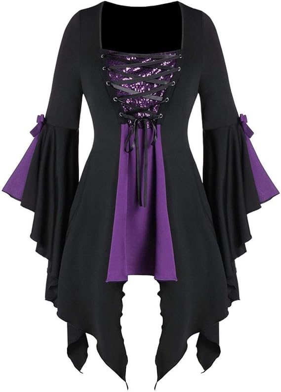 Women Plus Size Sequined Blouse Irregular Lace Up Gothic Tunic Tee Tops