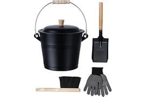 vensovo 1.5 Gallon Ash Bucket with Lid - Shovel, Broom, and Gloves, Heavy Duty Galvanized Iron, Fire-Resistant, Black Finish Perfect for Fireplaces, Fire Pits