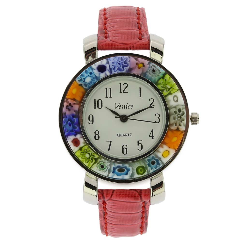Glass Of VeniceSerena Murano Millefiori Watch with Leather Band - Red