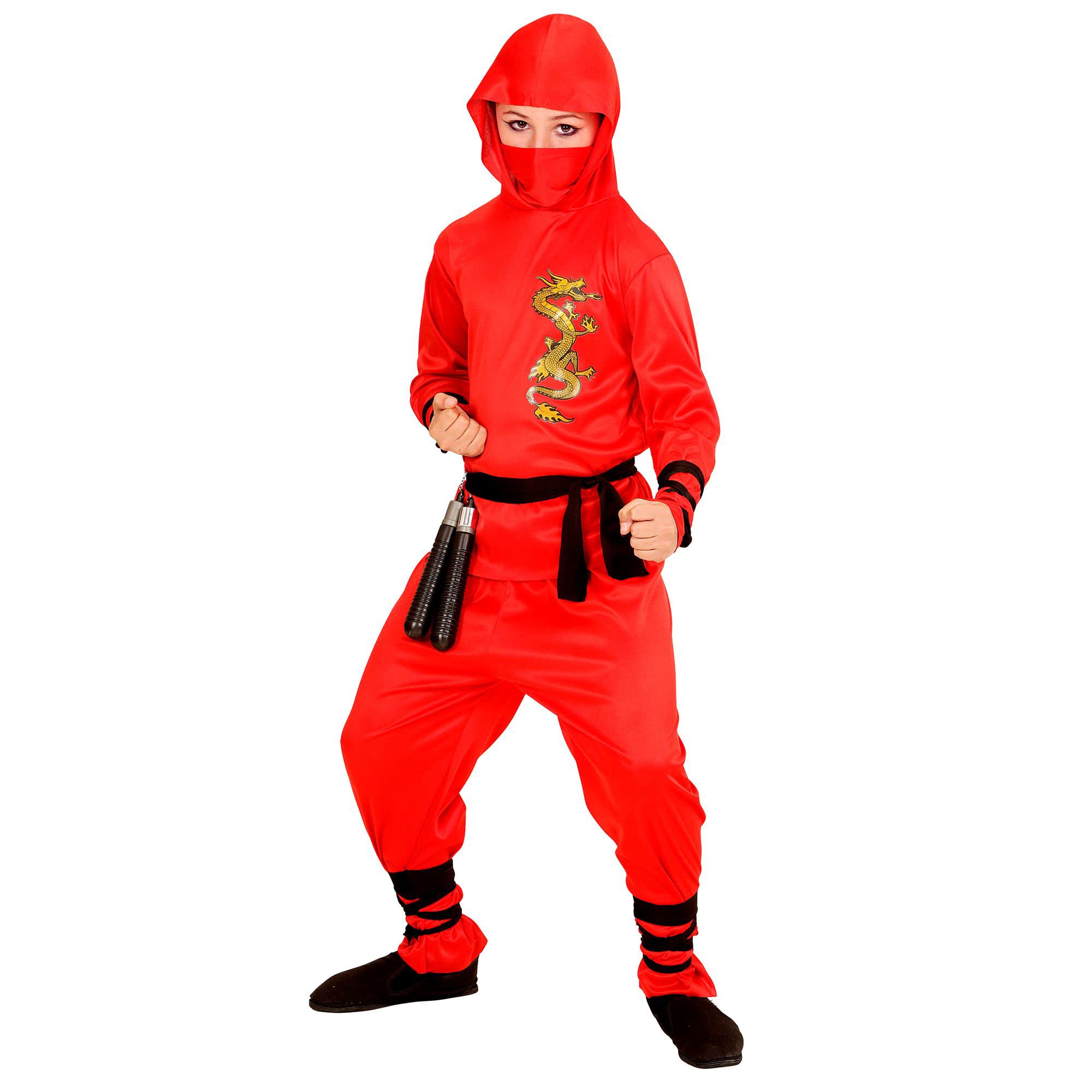 Widmann 91139 - Dragon Ninja Children's Costume, Hooded Top, Trousers, Belt, Face Mask, Red, 164 cm / 14-16 Years