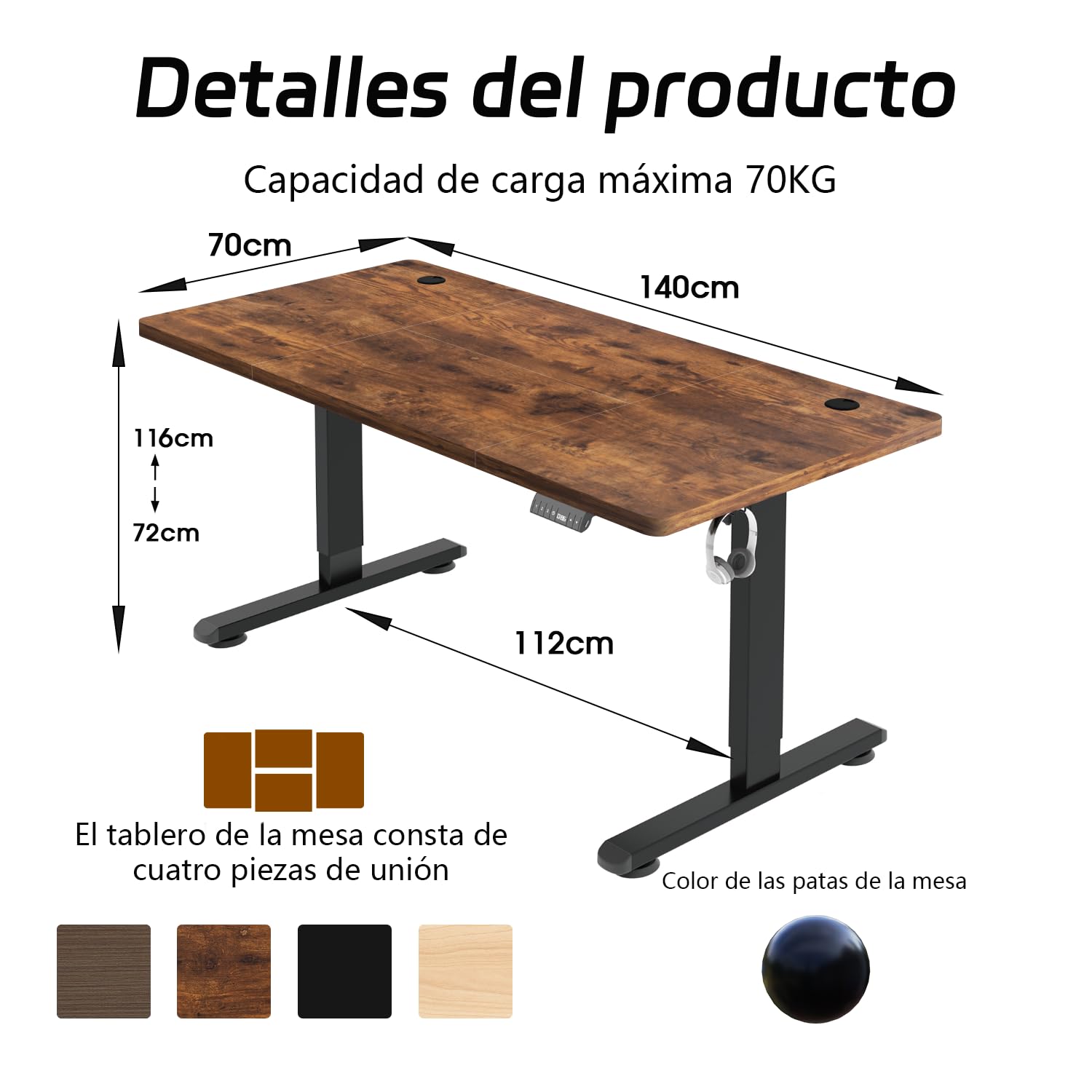 Airfish Höhenverstellbarer Schreibtisch 140x70 cm, Elektrisch Schreibtisch mit Kabelwanne, Computertisch mit USB-Buchse, Bürotisch, Stehpult mit Erinnerung an sitzende Tätigkeiten, Vintage-Braun 3