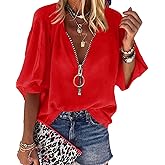 Cnkwei Womens V-Neck Lantern Sleeve Blouse Zipper Design Loose Casual Top Shirts